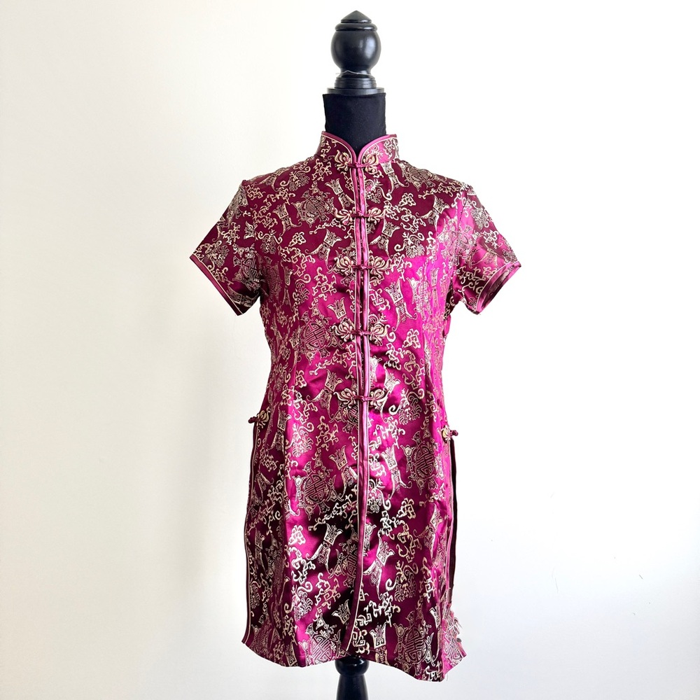 Rare Vintage Chinese-Style Cheongsam  Qipao Tunic Top ,Burgundy & Gold